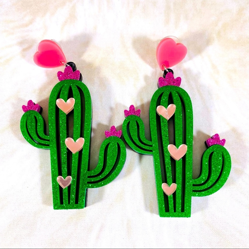 I love cacti earrings laser cut acrylic green and pink